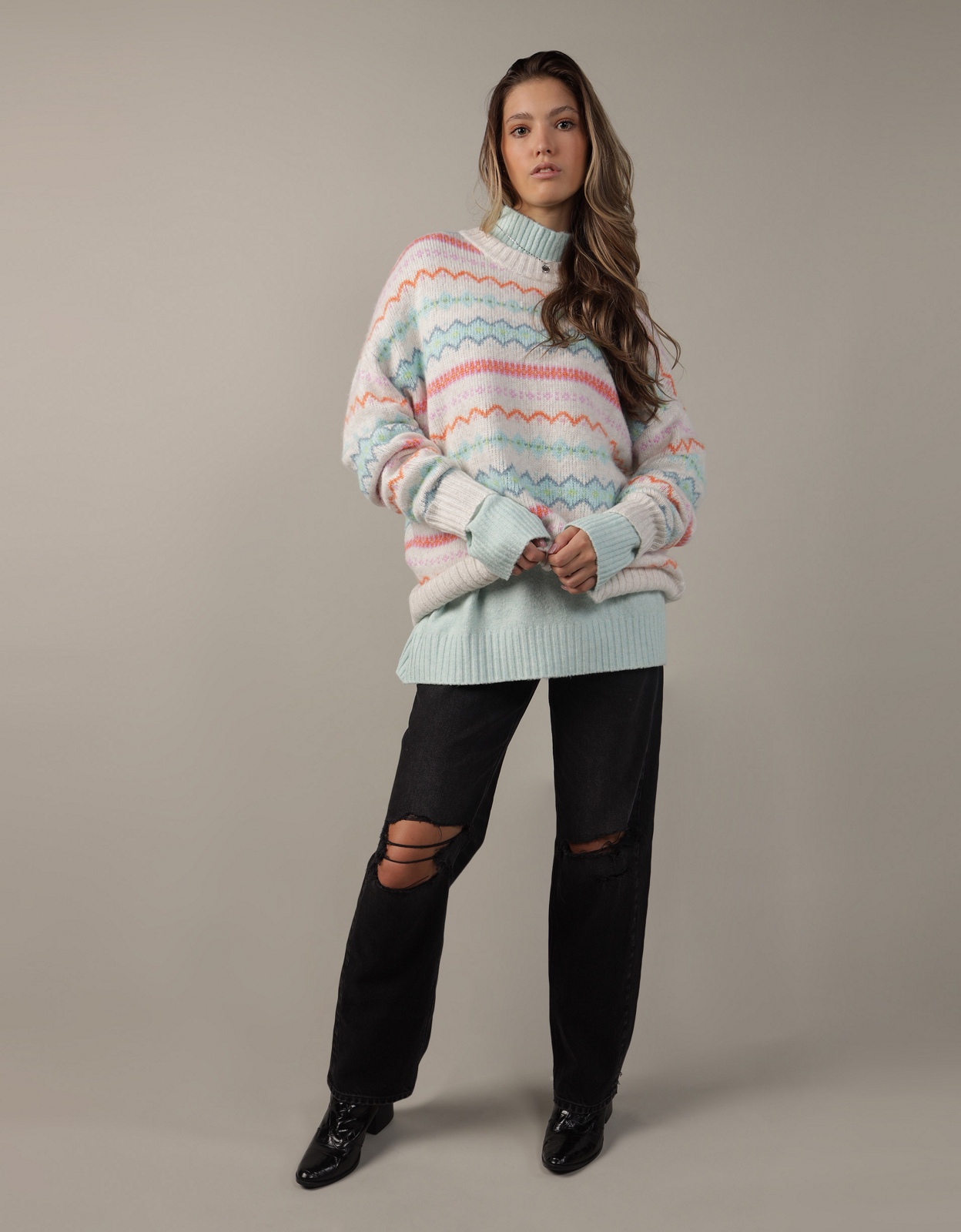 Buy AE Oversized Fair Isle Crewneck Sweater online American Eagle Outfitters