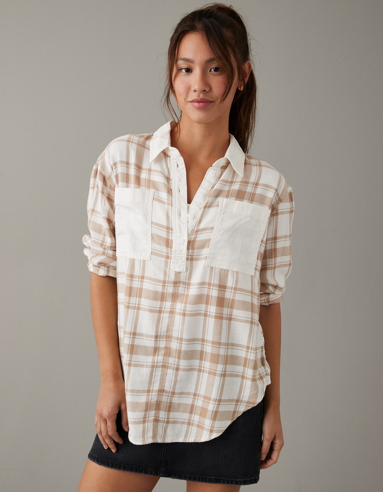 Shop AE Oversized Plaid Pullover Shirt online