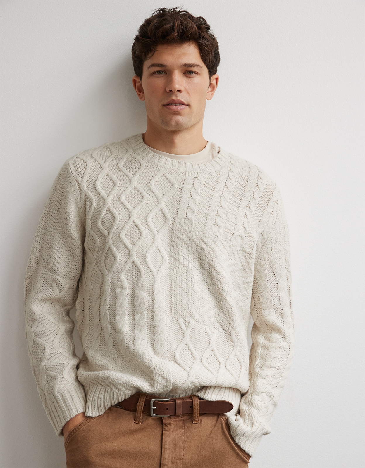 AE Super Soft Patchwork Cable Knit Crewneck Sweater