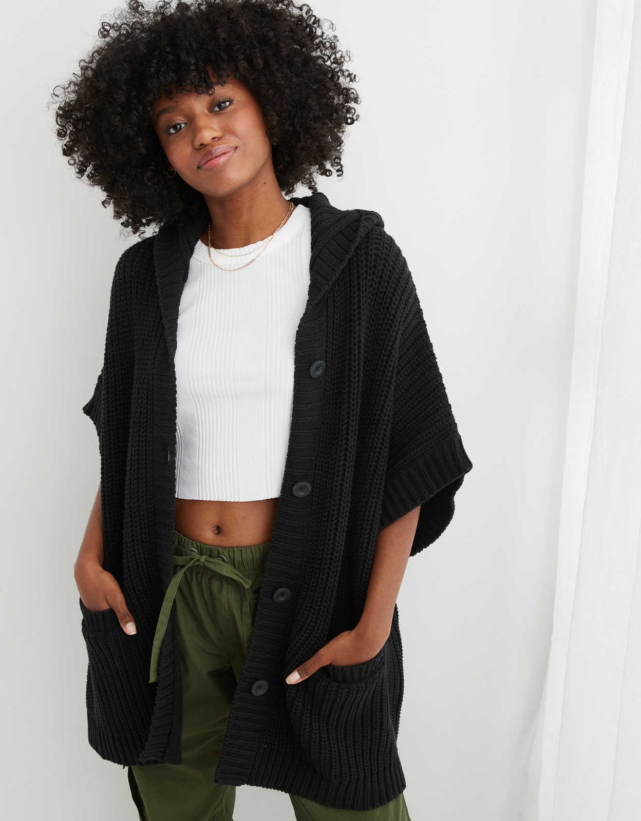 Shop Aerie Hooded Ribbed Cape online American Eagle Outfitters